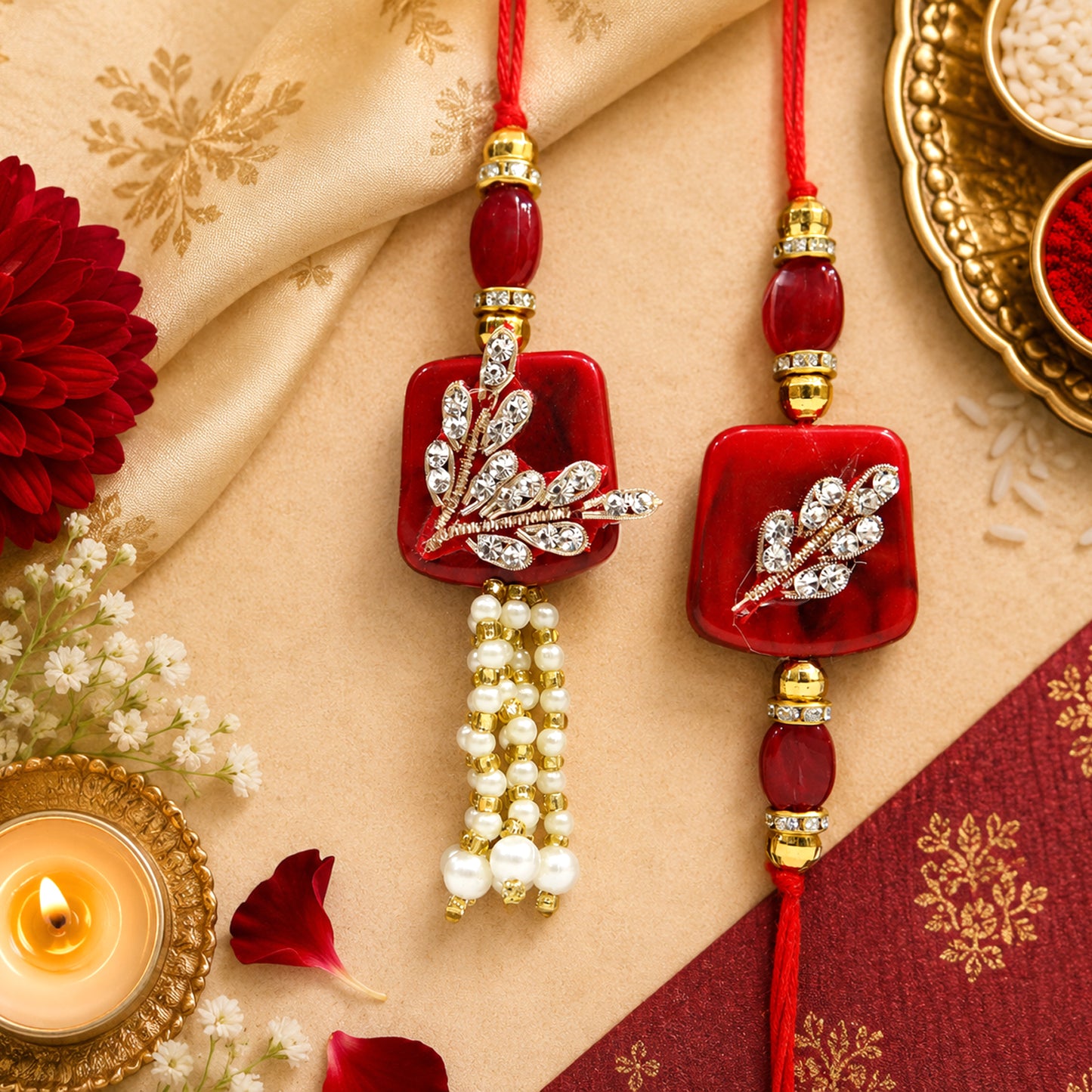 Premium Designer Red Stone Bhaiya Bhabhi Lumba Rakhi Set with Pearl Tassels, Crystal Leaf Work & Elegant Bracelet Thread for Raksha Bandhan Festive Gifting By Upharkaro