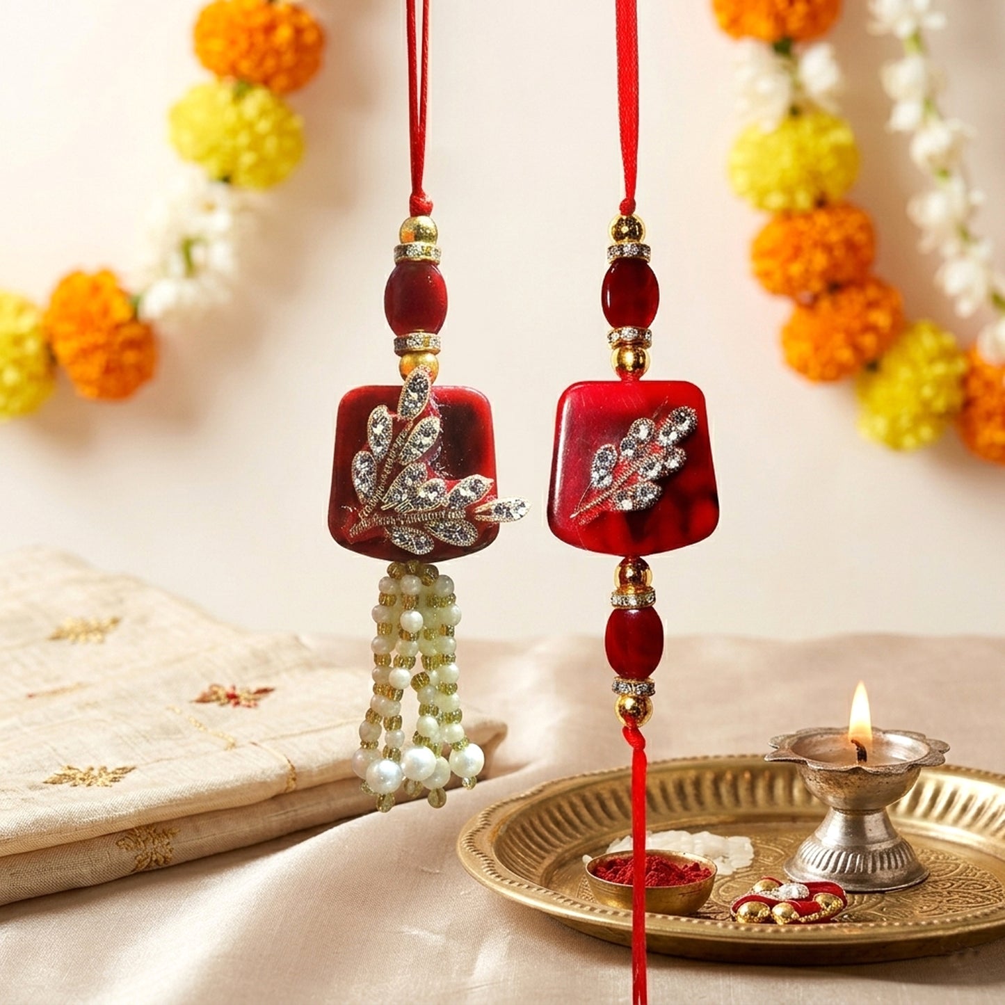 Premium Designer Red Stone Bhaiya Bhabhi Lumba Rakhi Set with Pearl Tassels, Crystal Leaf Work & Elegant Bracelet Thread for Raksha Bandhan Festive Gifting By Upharkaro