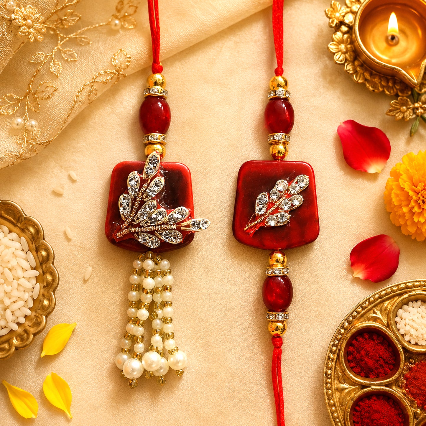 Premium Designer Red Stone Bhaiya Bhabhi Lumba Rakhi Set with Pearl Tassels, Crystal Leaf Work & Elegant Bracelet Thread for Raksha Bandhan Festive Gifting By Upharkaro