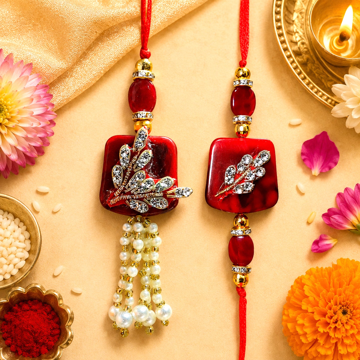 Premium Designer Red Stone Bhaiya Bhabhi Lumba Rakhi Set with Pearl Tassels, Crystal Leaf Work & Elegant Bracelet Thread for Raksha Bandhan Festive Gifting By Upharkaro