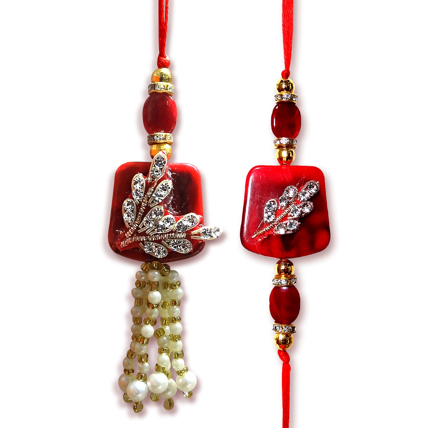 Premium Designer Red Stone Bhaiya Bhabhi Lumba Rakhi Set with Pearl Tassels, Crystal Leaf Work & Elegant Bracelet Thread for Raksha Bandhan Festive Gifting By Upharkaro