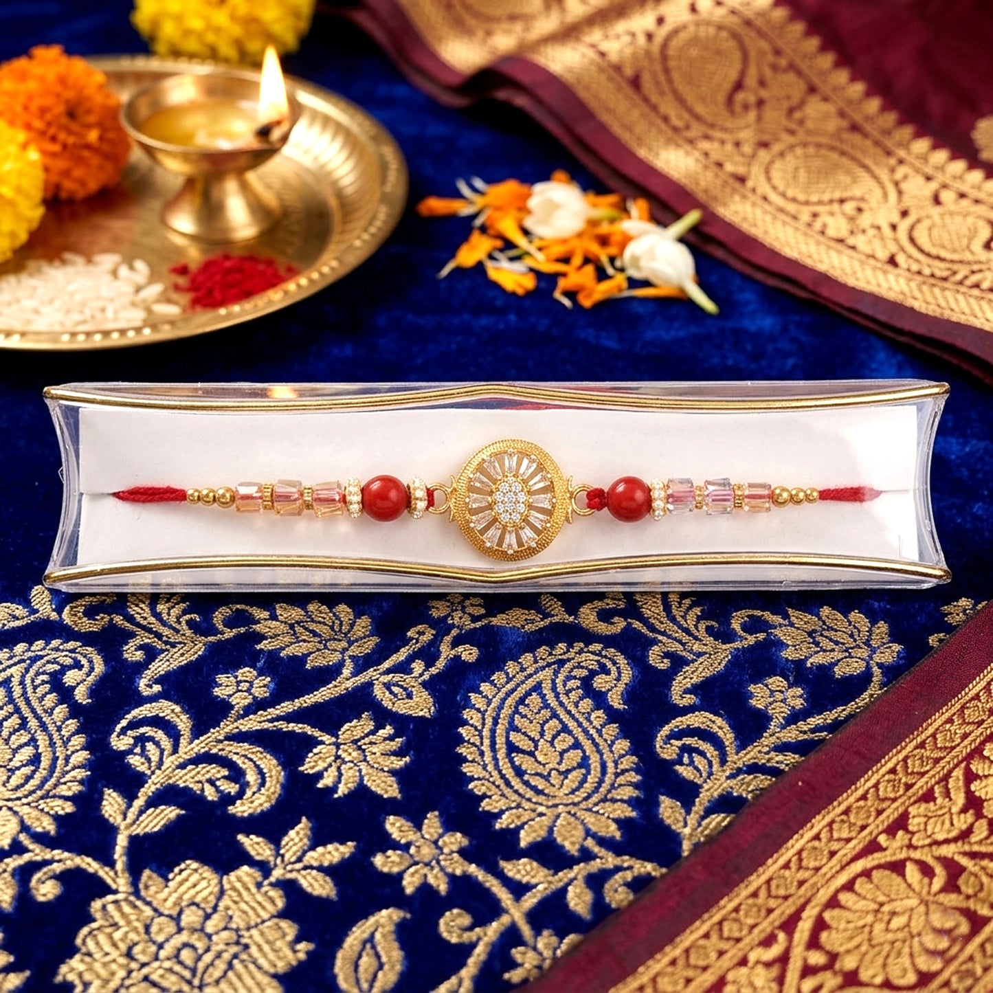 Premium Shiny Diamond Rakhi with Red Stone | Elegant Designer Rakhi for Bhaiya