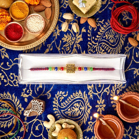 Premium Designer Rakhi with Multicolor Beads & Golden Charm | Stylish Rakhi for Bhaiya