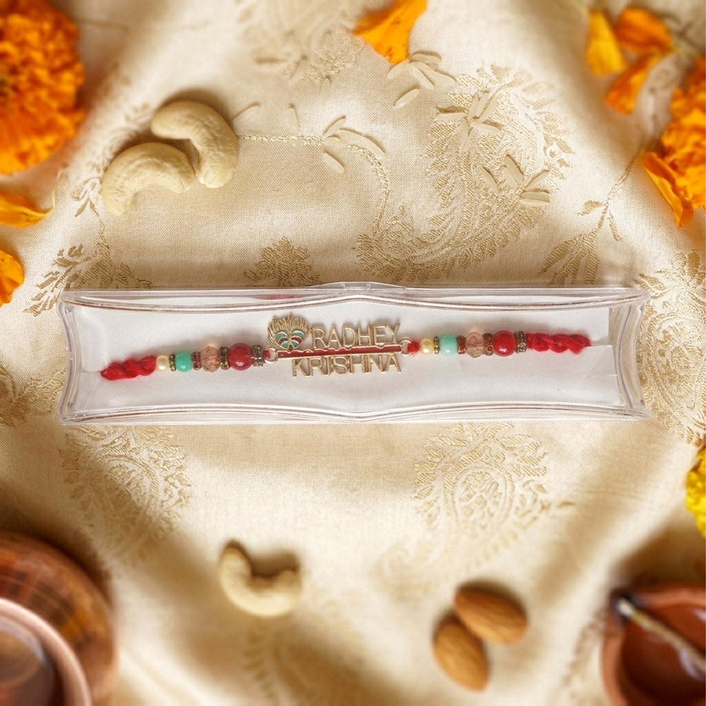 Premium Radhey Krishna Name Rakhi with Golden Charm & Colorful Beads | Designer Rakhi for Brother