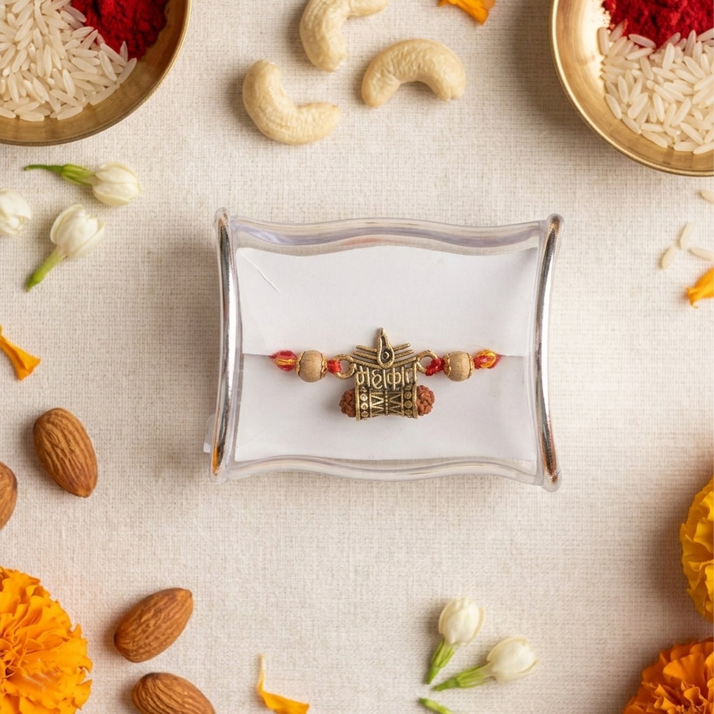 Mahadev Trishul Damru Rakhi with Rudraksha & Golden Beads | Spiritual Rakhi for Brother