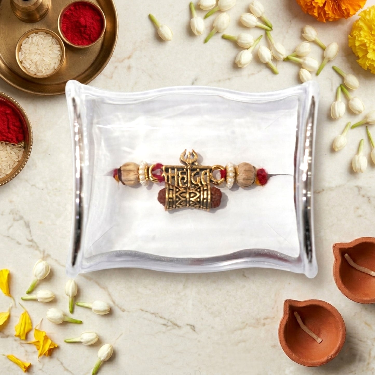 Mahadev Trishul Damru Rakhi with Rudraksha & Golden Beads | Spiritual Rakhi for Brother