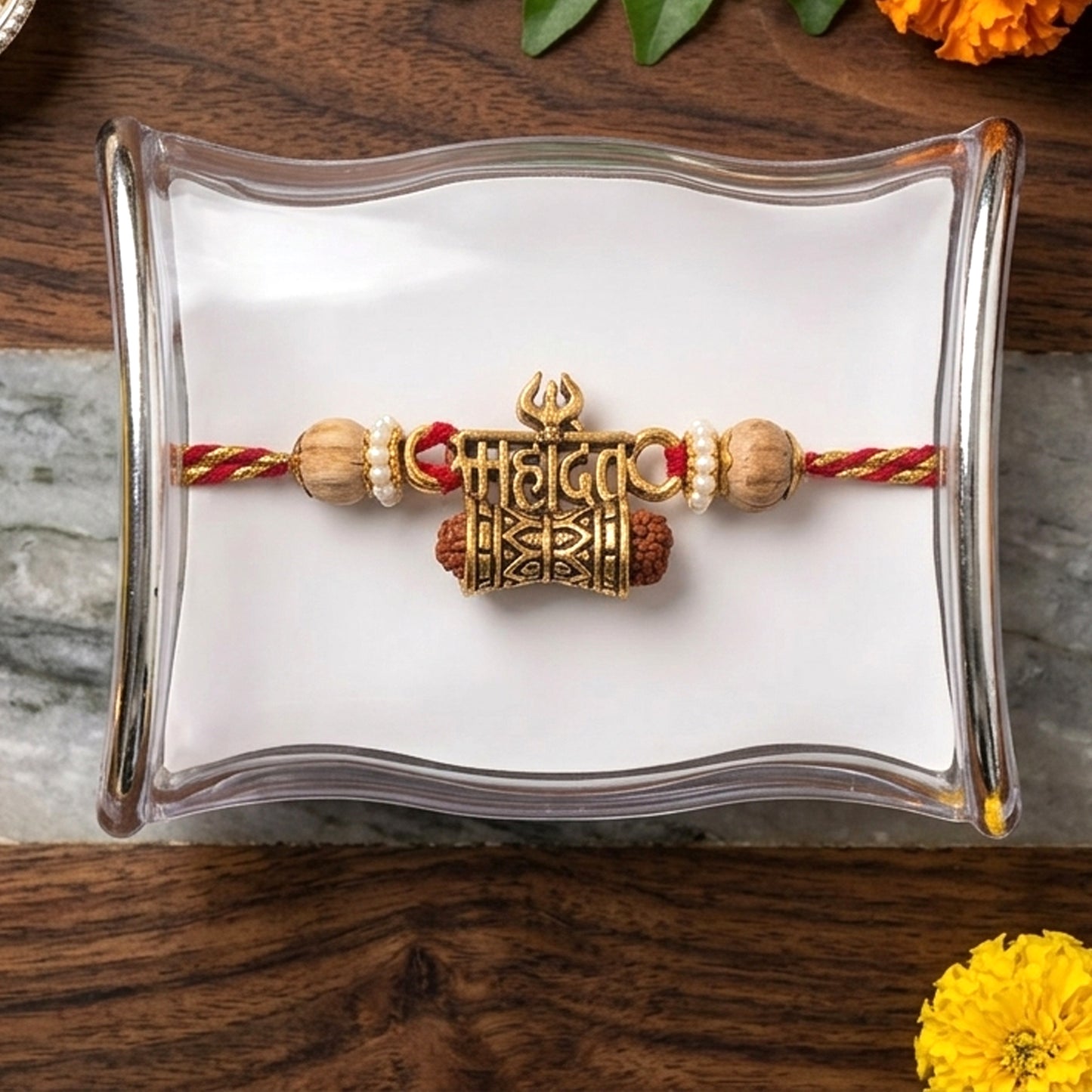 Mahadev Trishul Damru Rakhi with Rudraksha & Golden Beads | Spiritual Rakhi for Brother