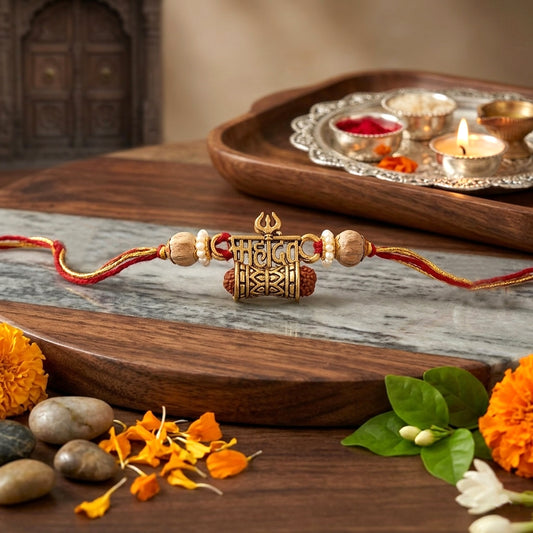 Mahadev Trishul Damru Rakhi with Rudraksha & Golden Beads | Spiritual Rakhi for Brother
