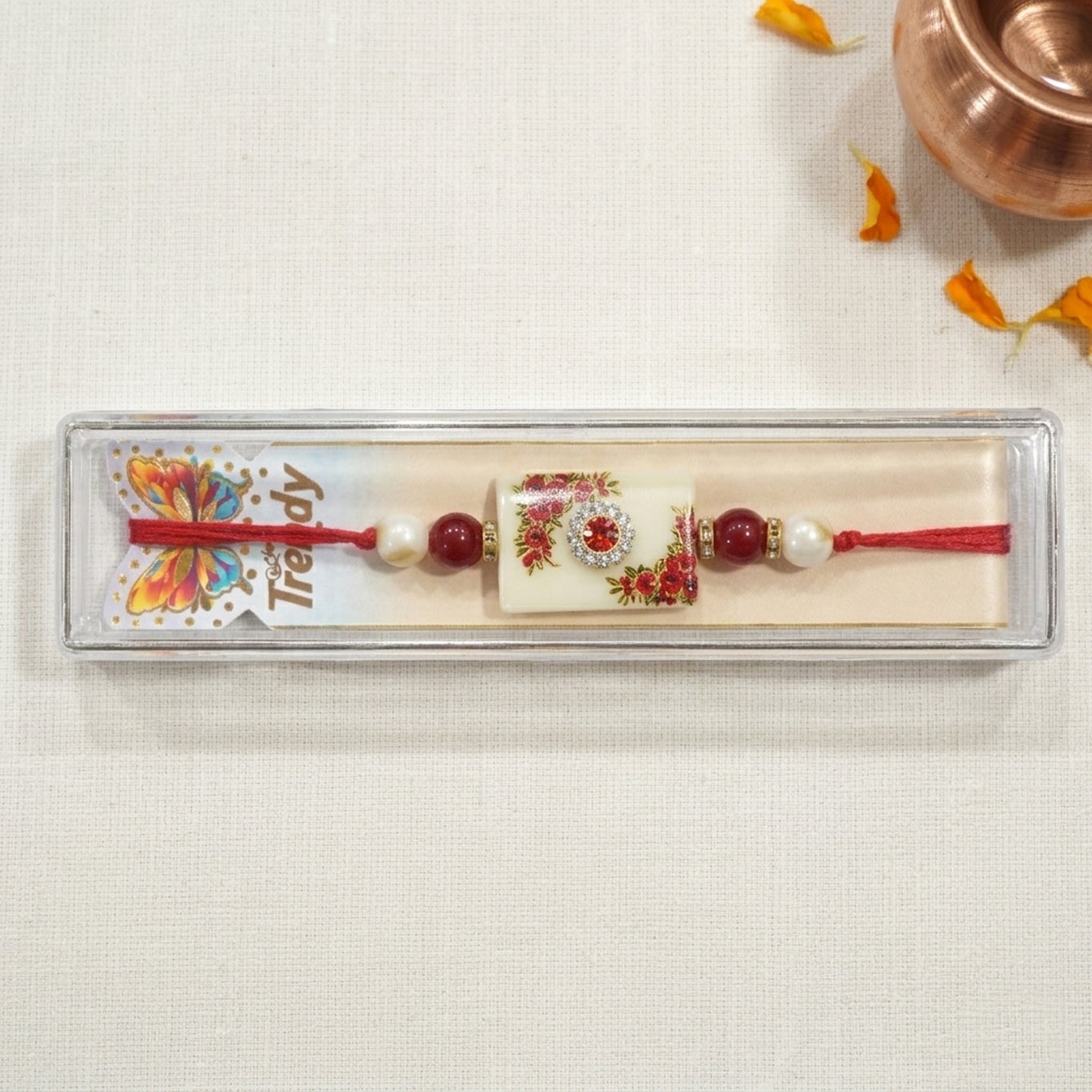 Luxury Floral Rakhi with Crystal Stone & Pearl Accents for Raksha Bandhan