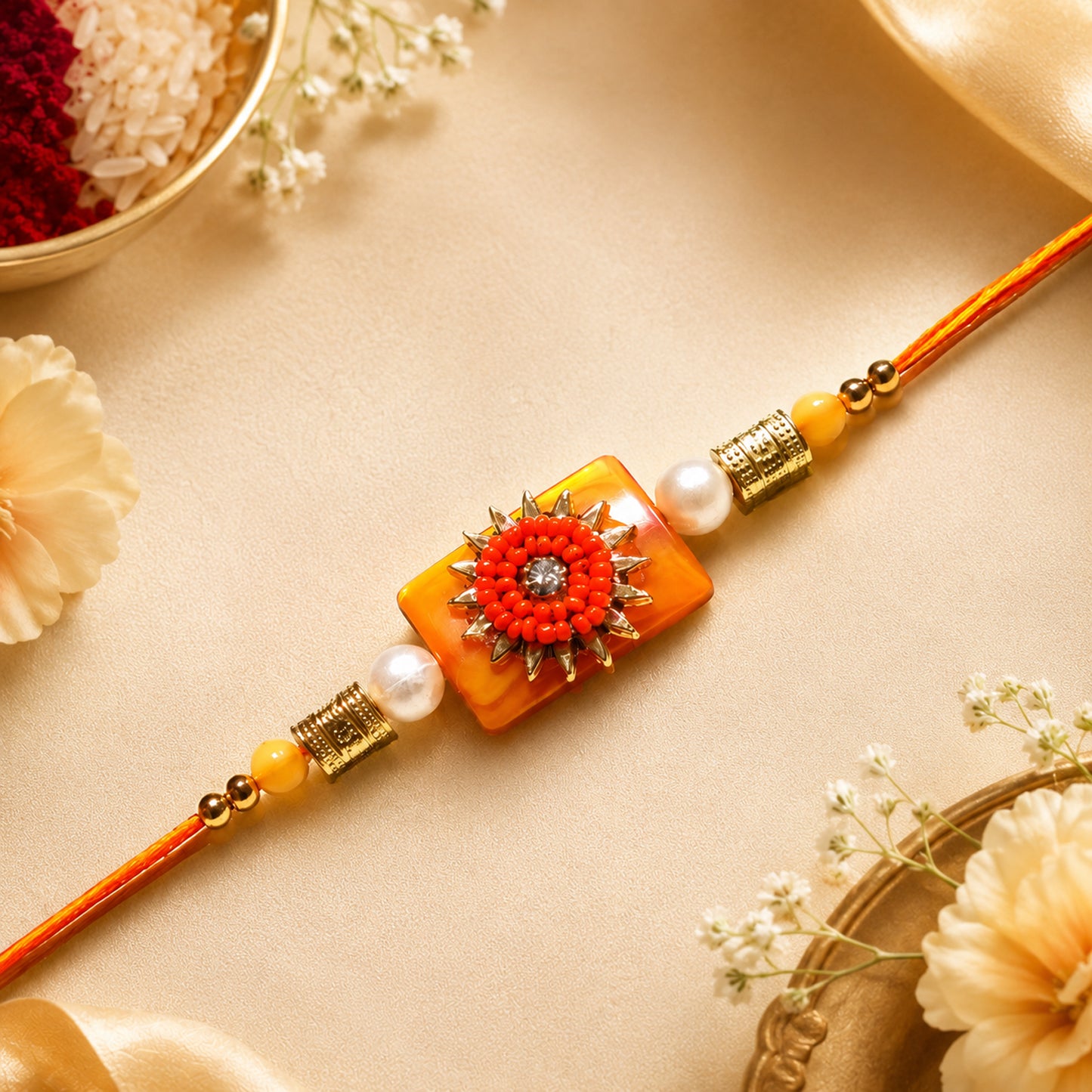Premium Orange Surya Pearl Designer Rakhi for Brother