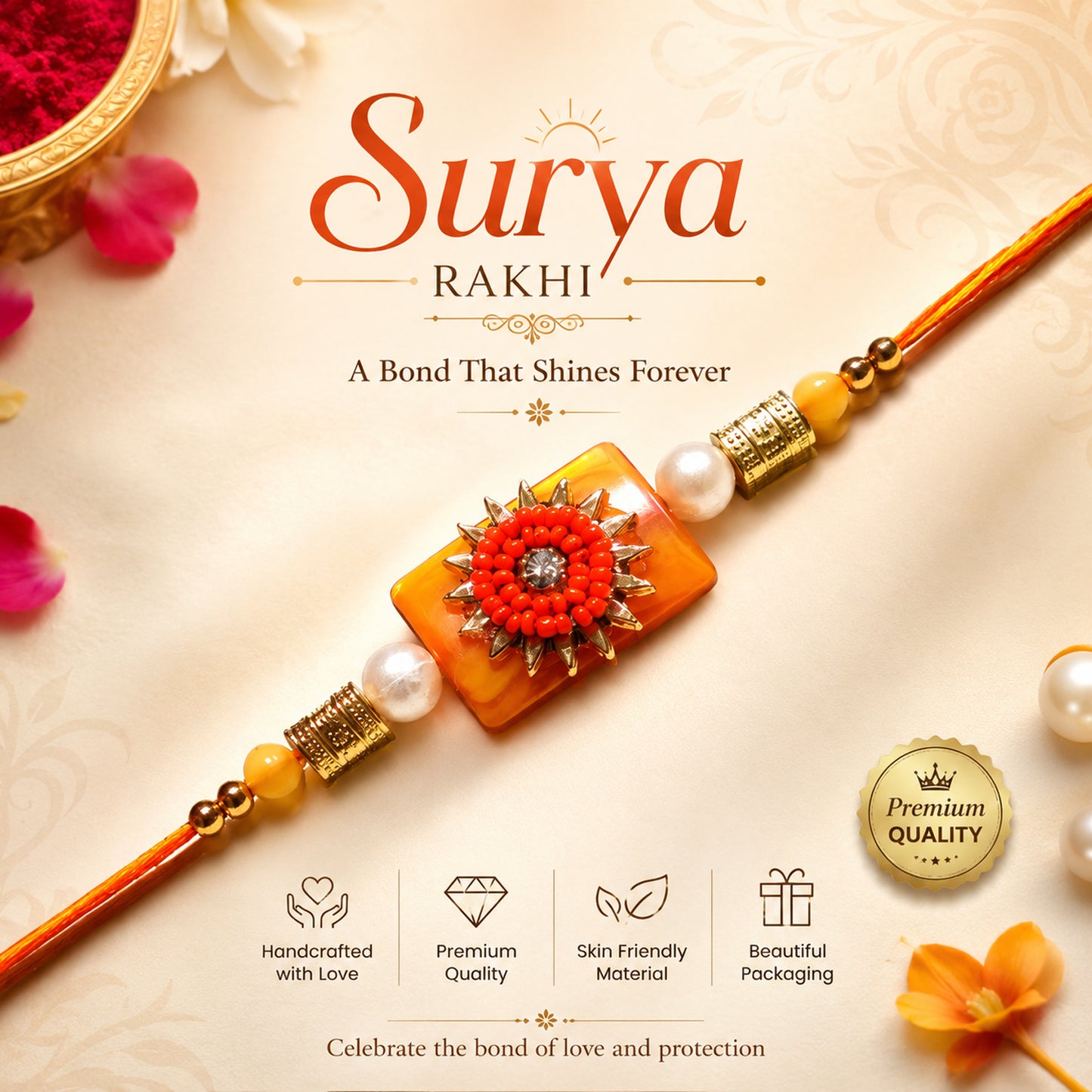 Premium Orange Surya Pearl Designer Rakhi for Brother