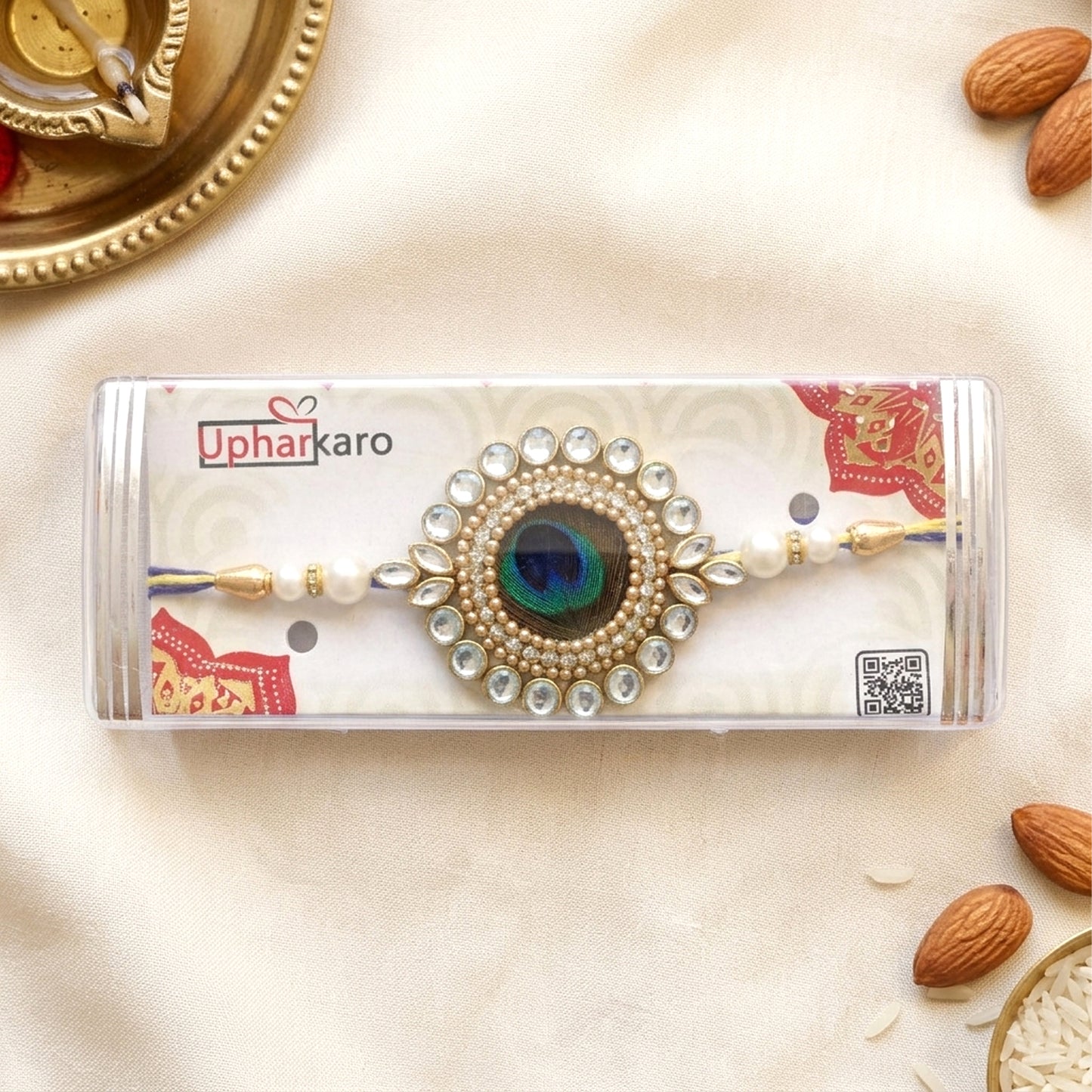Premium Peacock Feather Designer Rakhi with Kundan & Pearl Beads for Brother | Royal Morpankh Rakhi By Upharkaro