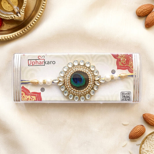Premium Peacock Feather Designer Rakhi with Kundan & Pearl Beads for Brother | Royal Morpankh Rakhi By Upharkaro