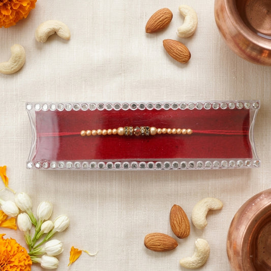 Elegant White Pearl Beaded Rakhi with Crystal Centerpiece | Designer Rakhi for Brother