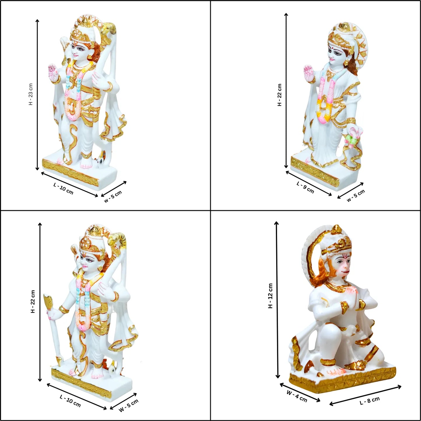 Four views of a decorative statue with measurements