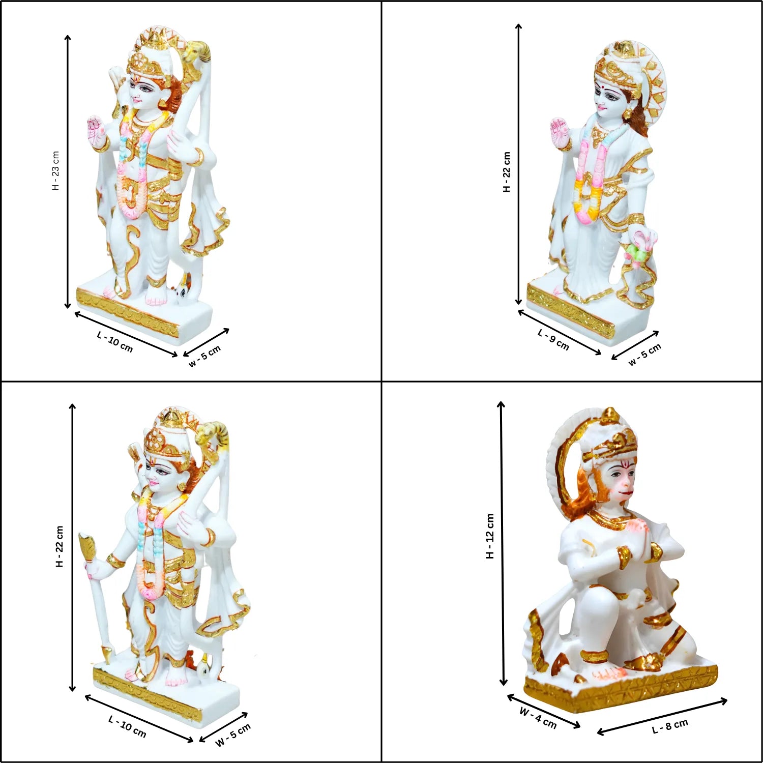 Four views of a decorative statue with measurements