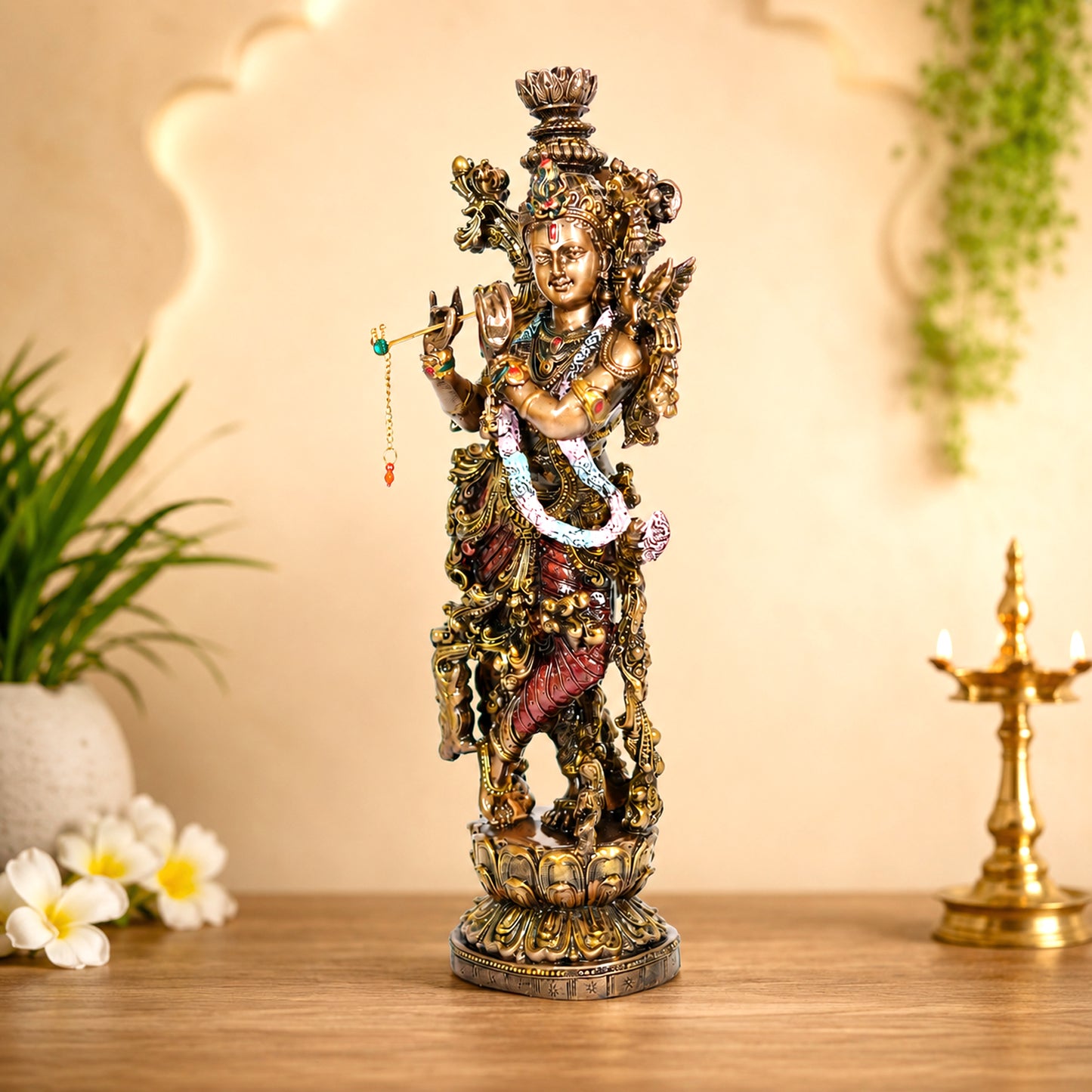 Antique Finish Lord Krishna Playing Flute Idol – 14 Inches Height | Decorative Resin Krishna Murti for Home Temple, Living Room & Office Decor