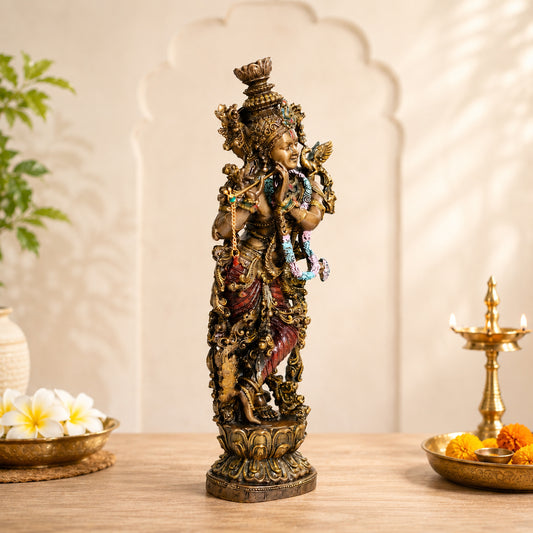Antique Finish Lord Krishna Playing Flute Idol – 14 Inches Height | Decorative Resin Krishna Murti for Home Temple, Living Room & Office Decor