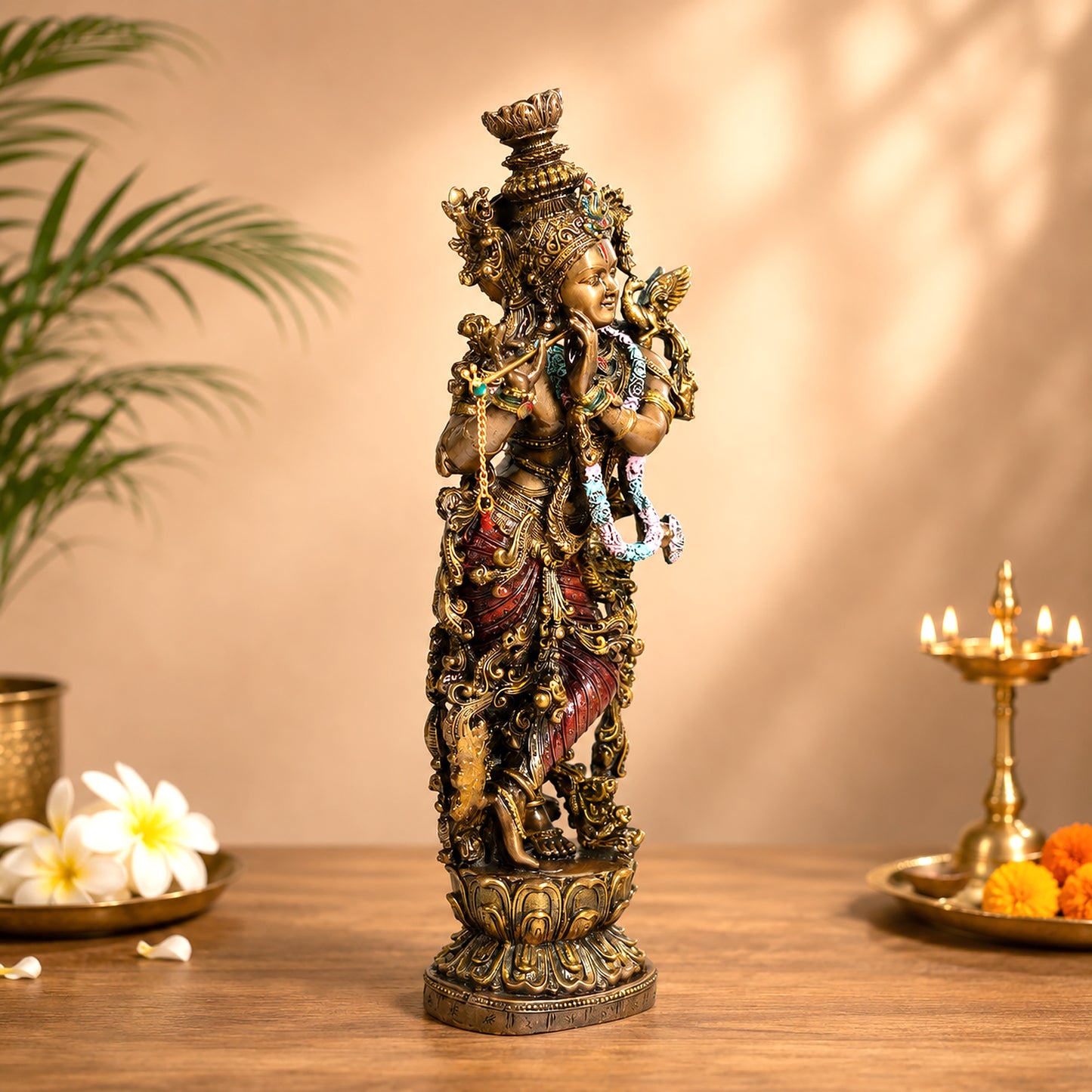 Antique Finish Lord Krishna Playing Flute Idol – 14 Inches Height | Decorative Resin Krishna Murti for Home Temple, Living Room & Office Decor