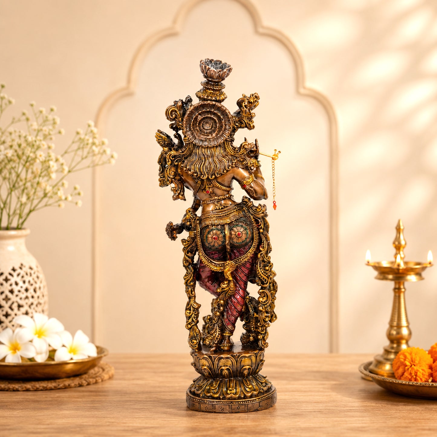 Antique Finish Lord Krishna Playing Flute Idol – 14 Inches Height | Decorative Resin Krishna Murti for Home Temple, Living Room & Office Decor