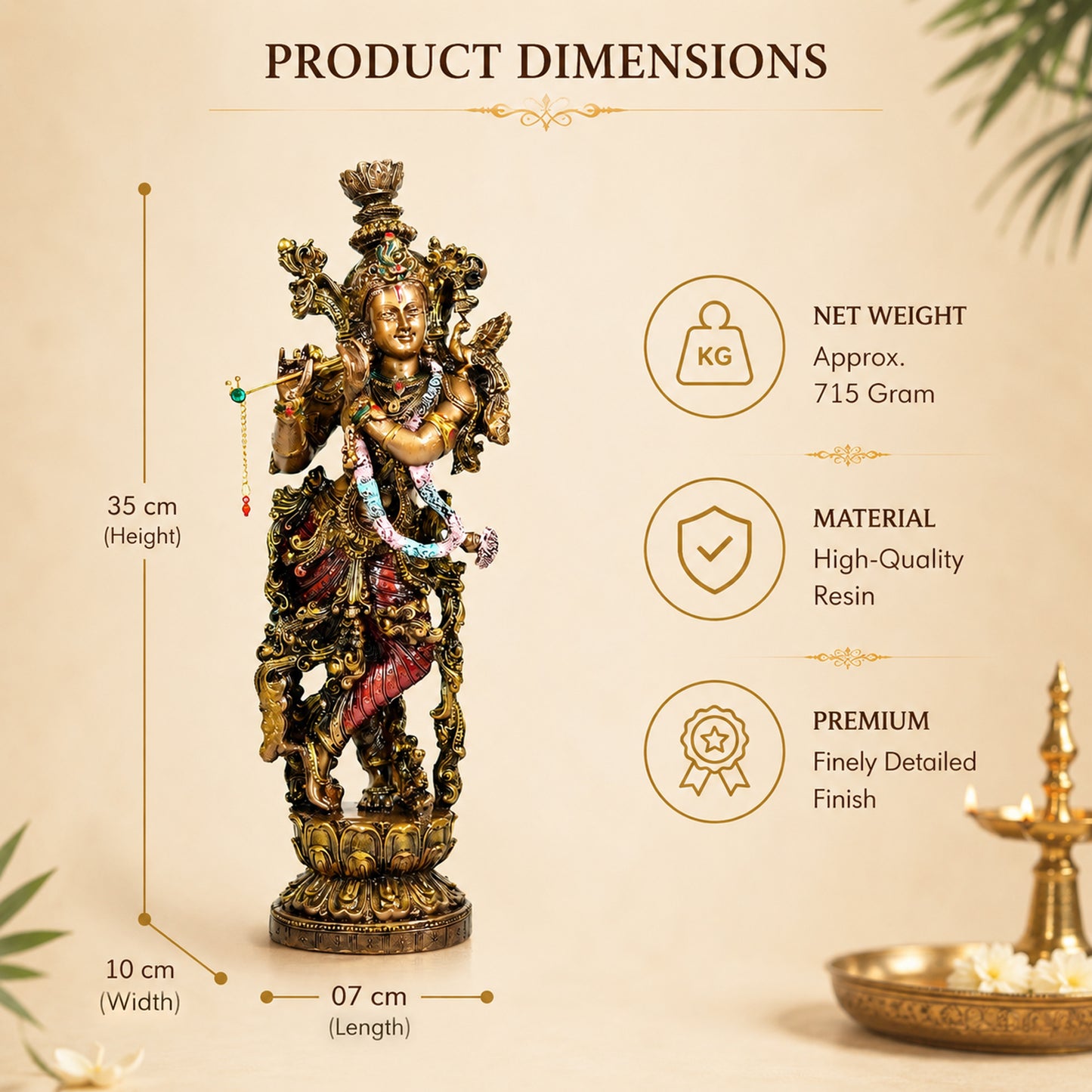 Antique Finish Lord Krishna Playing Flute Idol – 14 Inches Height | Decorative Resin Krishna Murti for Home Temple, Living Room & Office Decor