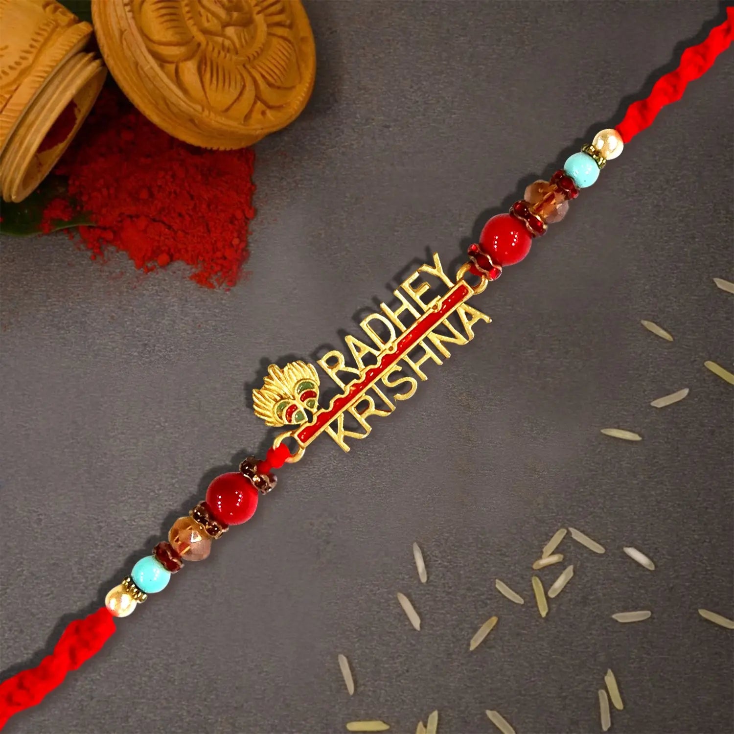 Radhey Krishna Morpankh Rakhi with Divine Radha Krishna Motif – Designer Rakhi by Upharkaro-Upharkaro
