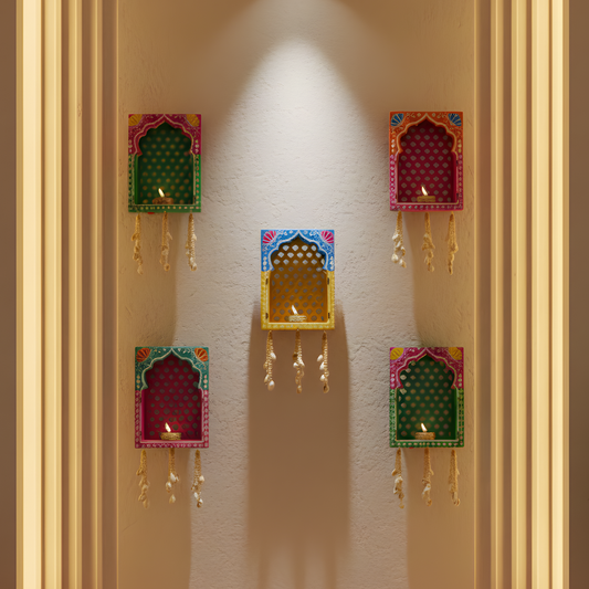 Handcrafted Rajasthani jharokha wall hanging set of 5 with diya & pearl latkan. Perfect for home, mandir, Diwali & gifting.