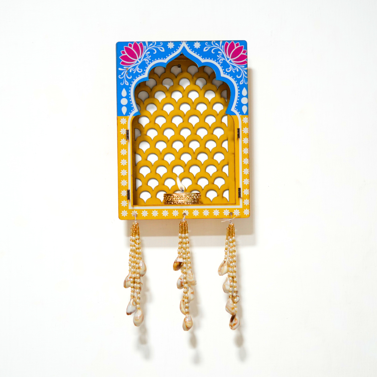 Handcrafted Rajasthani jharokha wall hanging with diya & pearl latkan. Perfect for home, mandir, Diwali décor & festive gifting.