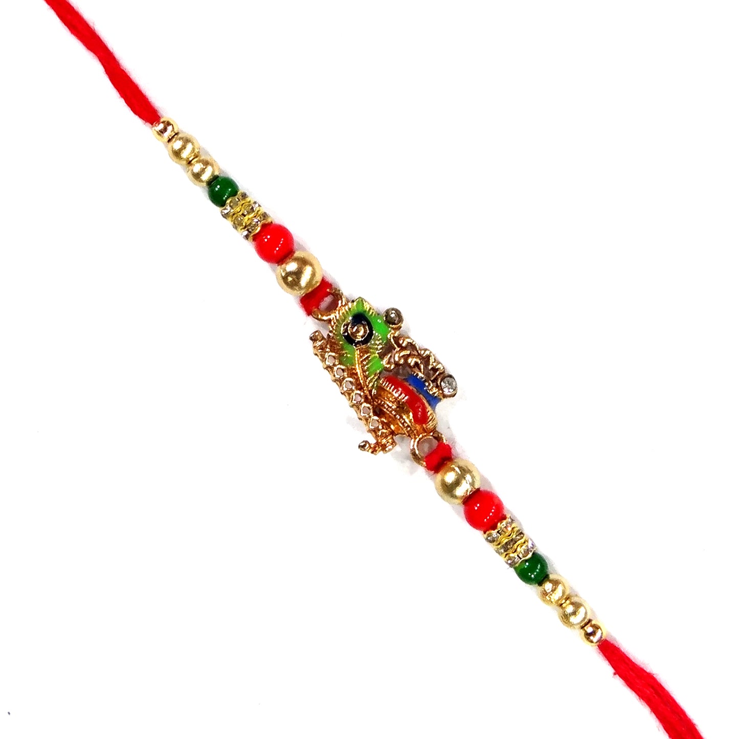 Premium Morpankh & Flute Design Rakhi with Multicolor Beads & Golden Finish | Krishna Theme Rakhi for Brother