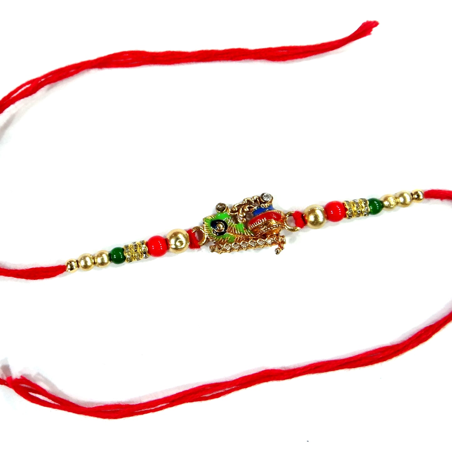 Premium Morpankh & Flute Design Rakhi with Multicolor Beads & Golden Finish | Krishna Theme Rakhi for Brother