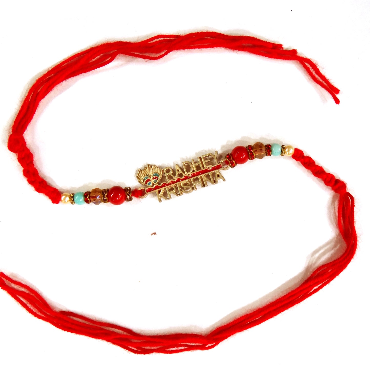 Premium Radhey Krishna Name Rakhi with Golden Charm & Colorful Beads | Designer Rakhi for Brother