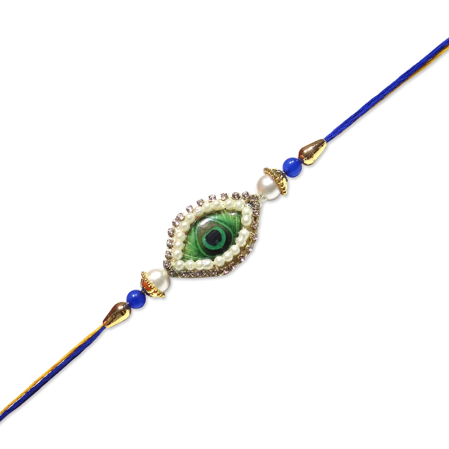 Premium Morpankh (Peacock Feather) Designer Rakhi with Pearls & Blue Beads for Brother/Bhai | Krishna Inspired Rakhi