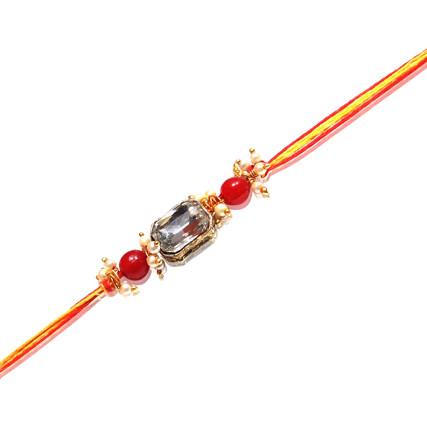 Elegant Handcrafted Stone Rakhi with Vibrant Red Beads and Golden Charms By Upharkaro