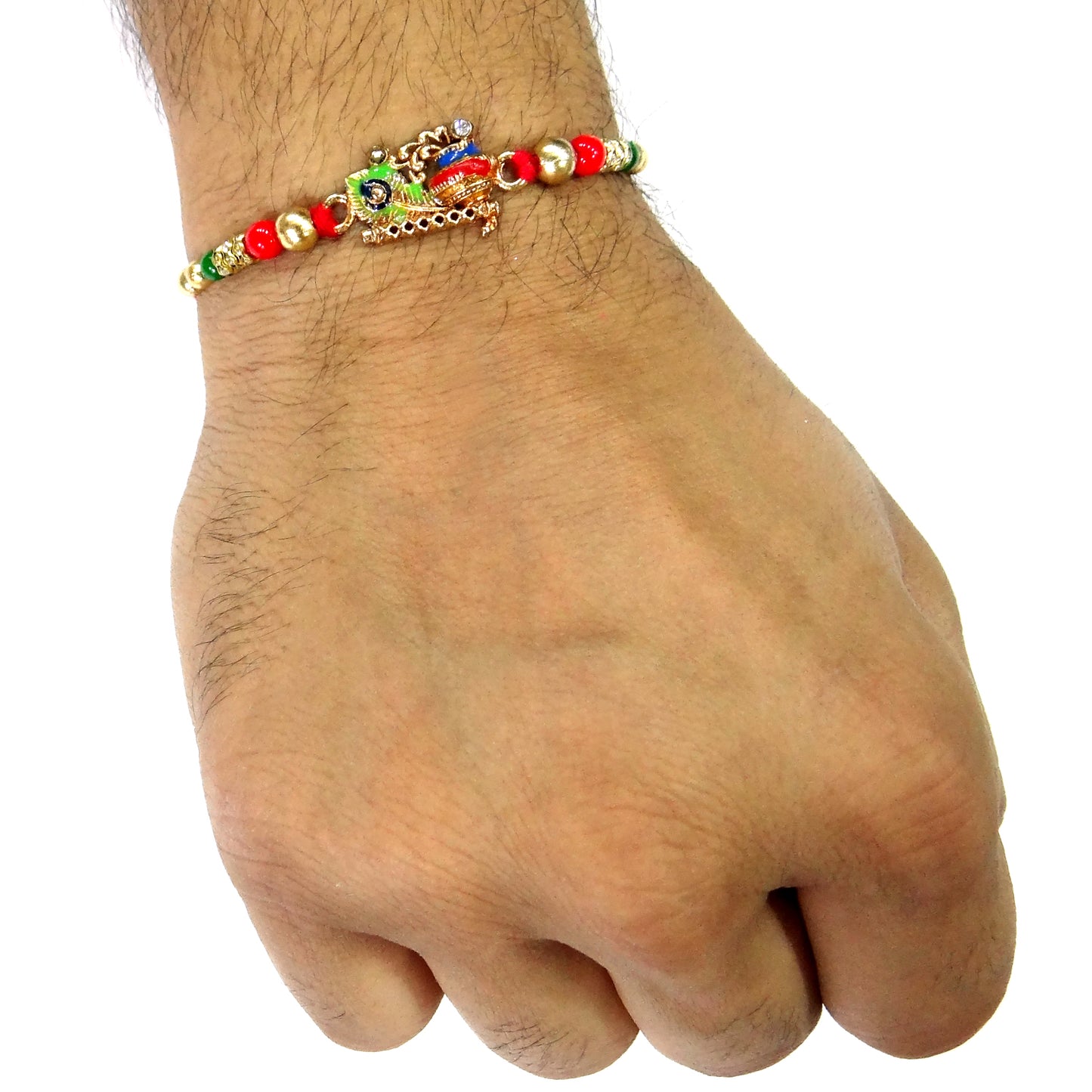 Premium Morpankh & Flute Design Rakhi with Multicolor Beads & Golden Finish | Krishna Theme Rakhi for Brother