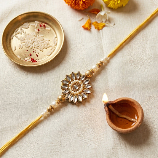 Premium Floral Kundan Designer Rakhi with Pearl Beads for Brother | Elegant Golden Rakhi