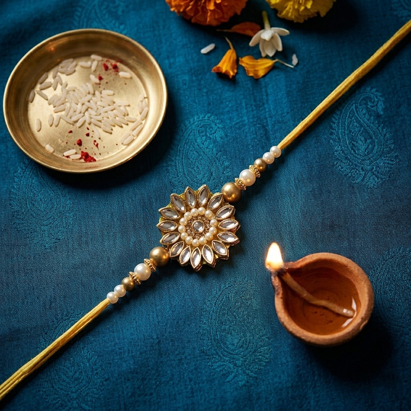 Premium Floral Kundan Designer Rakhi with Pearl Beads for Brother | Elegant Golden Rakhi