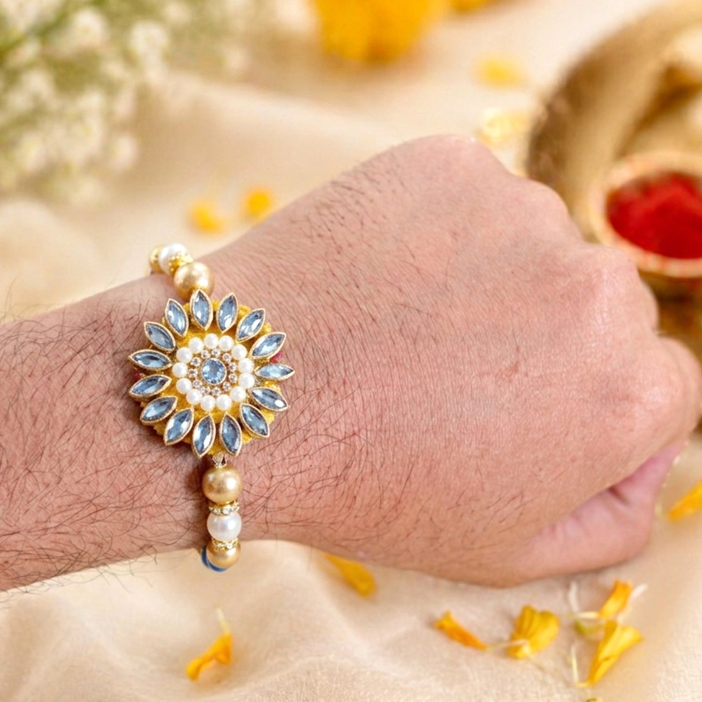 Premium Floral Kundan Designer Rakhi with Pearl Beads for Brother | Elegant Golden Rakhi