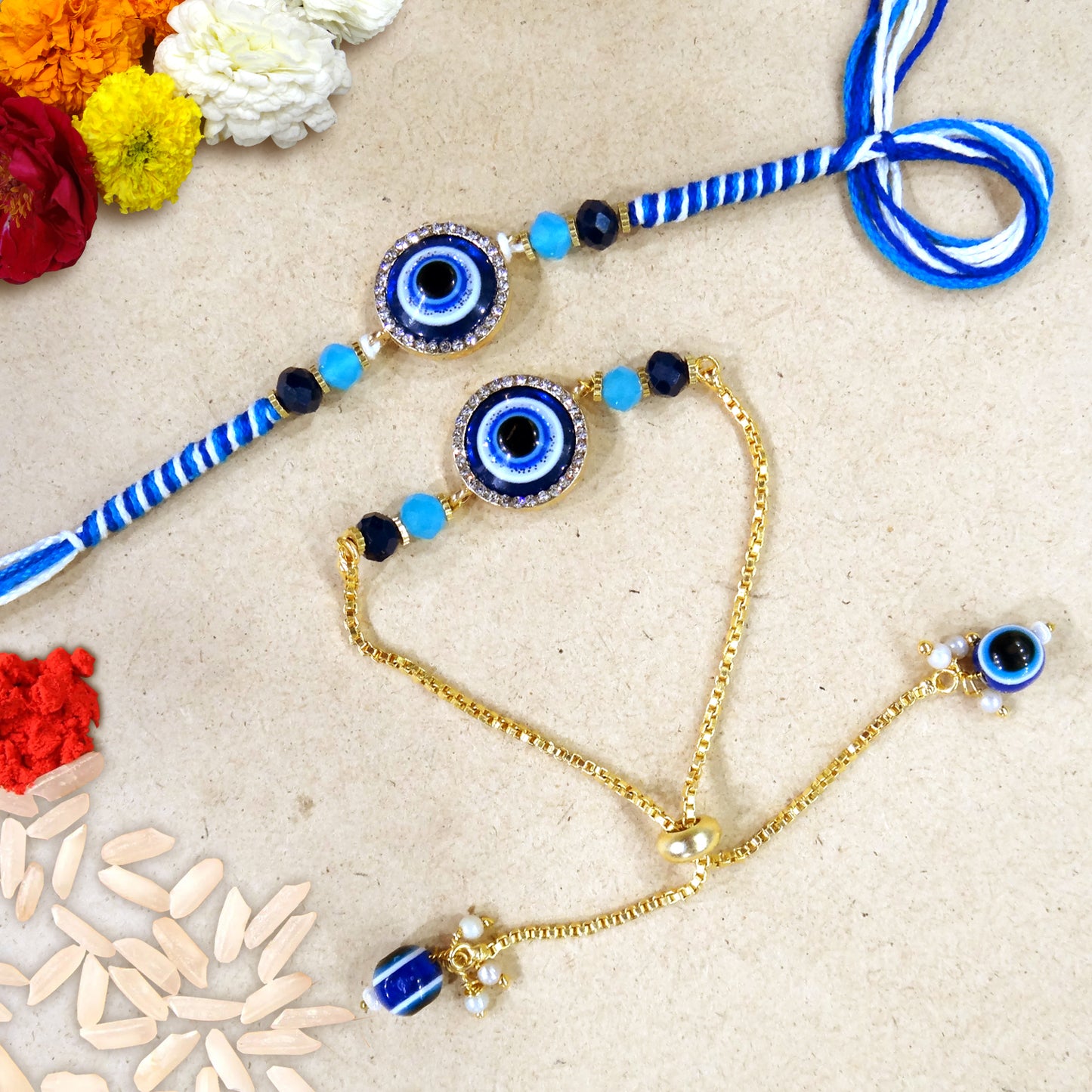 Premium Evil Eye Bhaiya Bhabhi Rakhi Set with Blue Beads & Adjustable Bracelet Lumba | Nazar Protection Rakhi Combo By Upharkaro