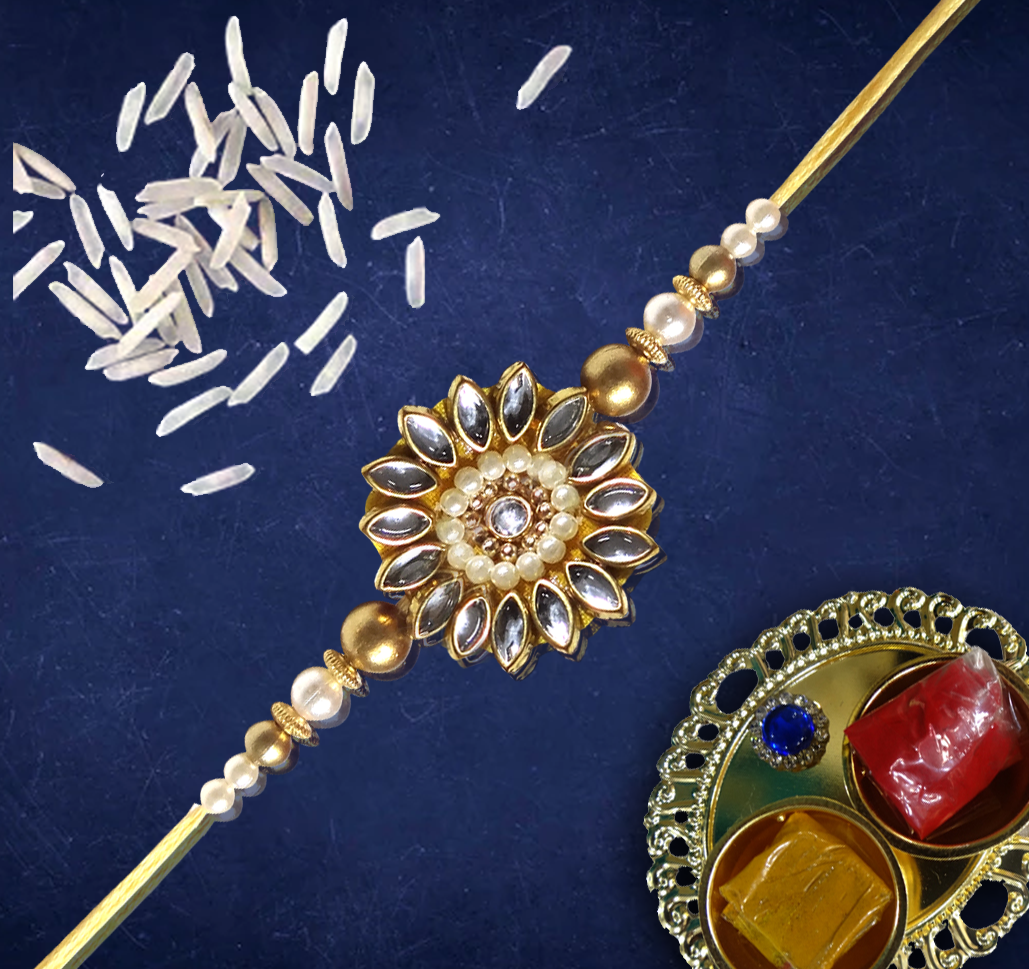 Premium Floral Kundan Designer Rakhi with Pearl Beads for Brother | Elegant Golden Rakhi