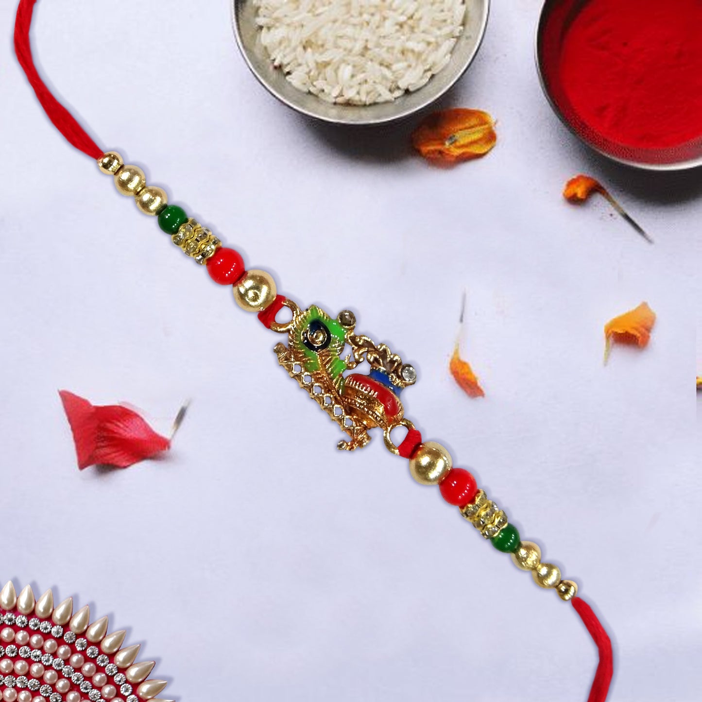 Premium Morpankh & Flute Design Rakhi with Multicolor Beads & Golden Finish | Krishna Theme Rakhi for Brother
