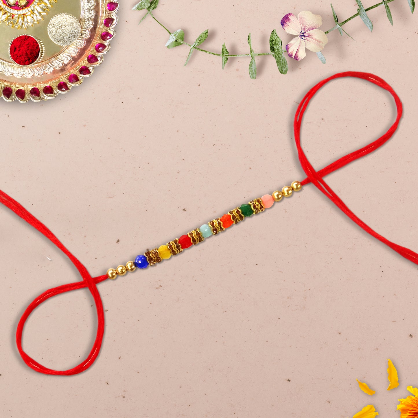 Premium Multicolor Beads Rakhi with Golden Spacers | Simple & Stylish Rakhi for Bhaiya