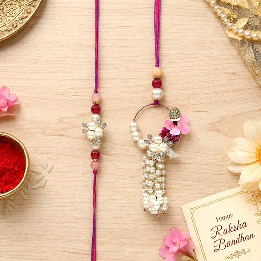 Elegant Pearl Floral Bhaiya Bhabhi Lumba Rakhi Set with Tassel & Pink Crystal Design