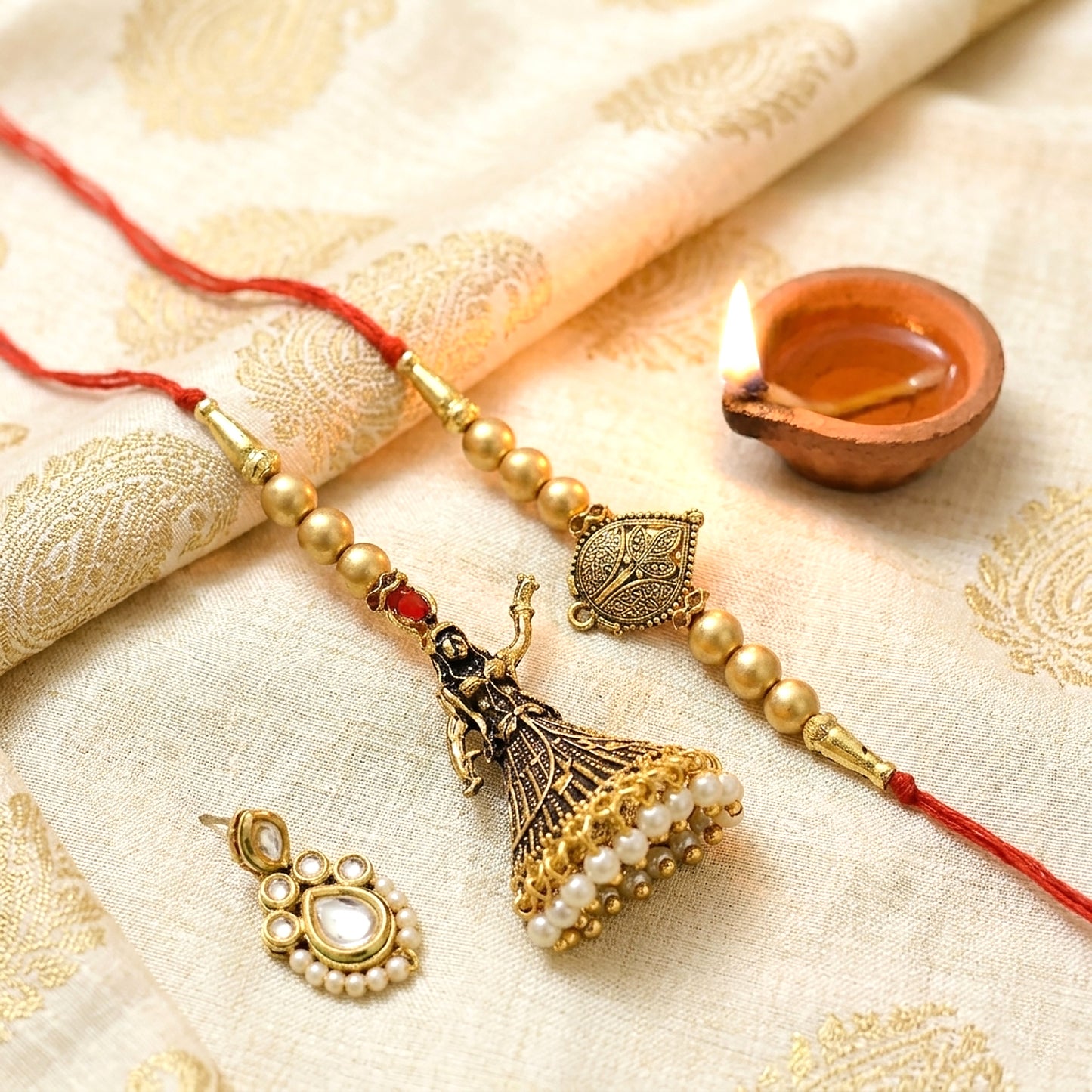 Royal Golden Dancing Doll Bhaiya Bhabhi Lumba Rakhi Set with Pearl Tassels & Traditional Designer Beads By Upharkaro
