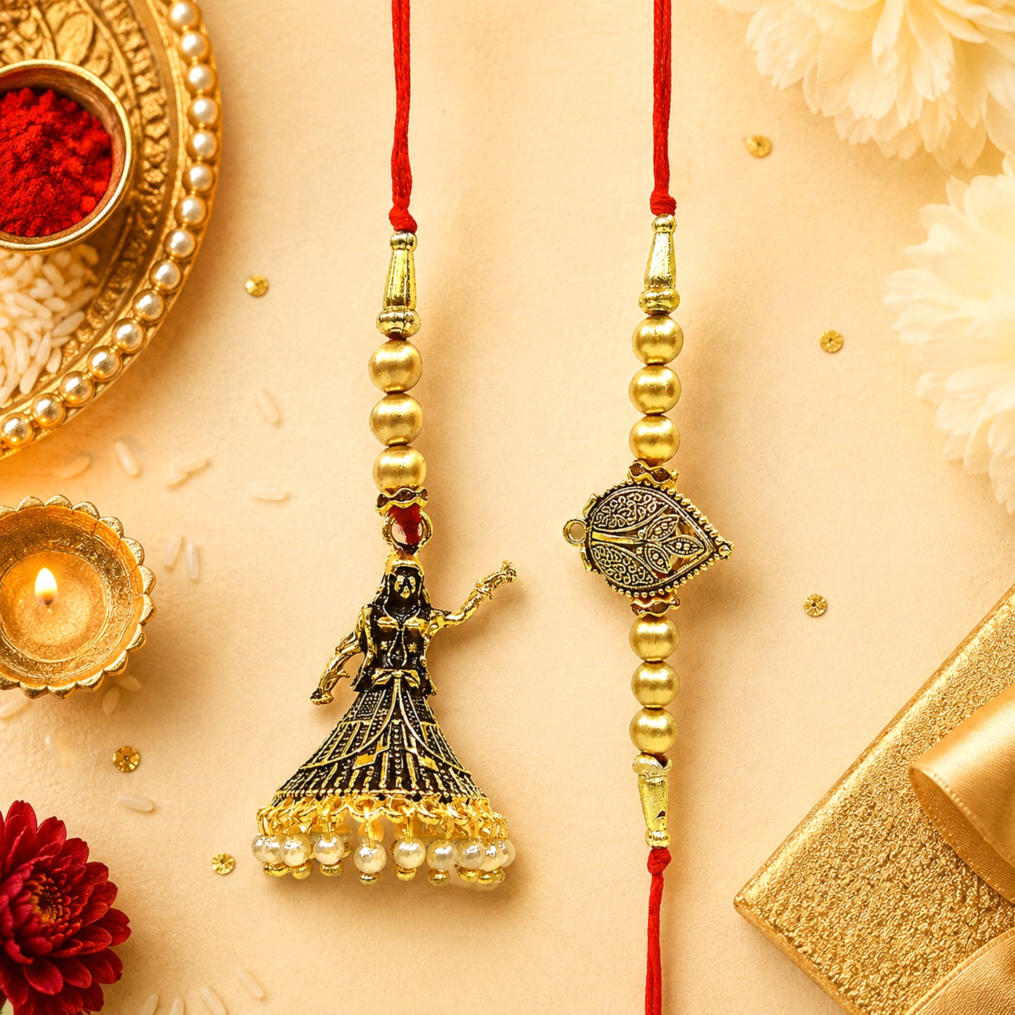 Royal Golden Dancing Doll Bhaiya Bhabhi Lumba Rakhi Set with Pearl Tassels & Traditional Designer Beads By Upharkaro