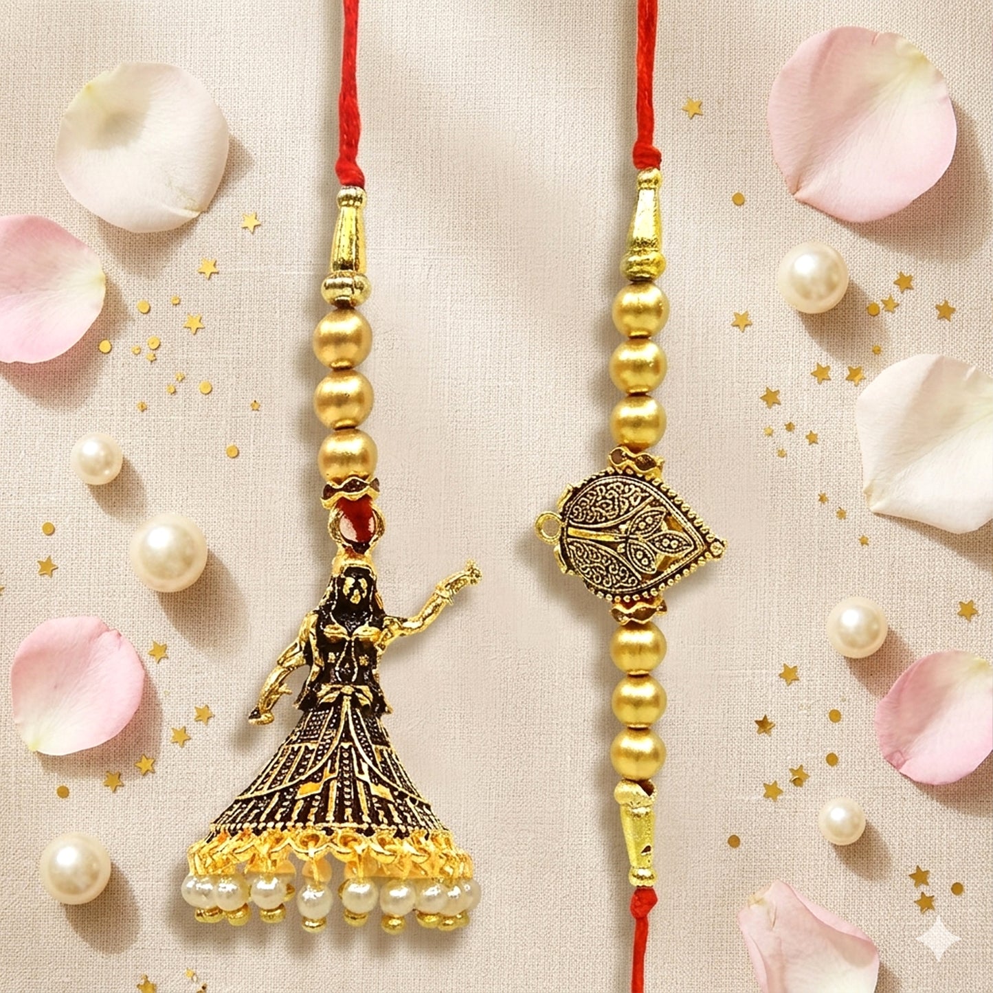 Royal Golden Dancing Doll Bhaiya Bhabhi Lumba Rakhi Set with Pearl Tassels & Traditional Designer Beads By Upharkaro