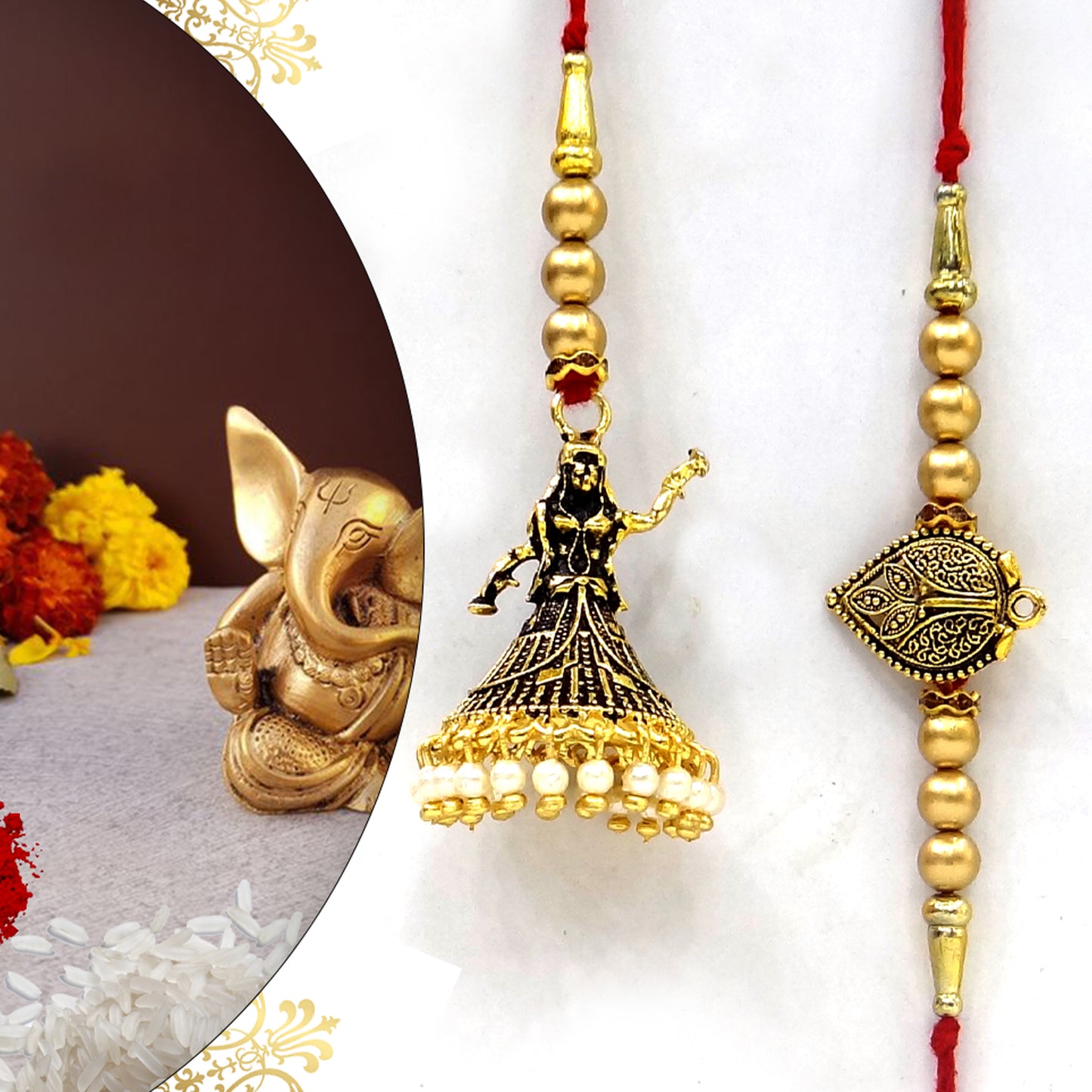 Royal Golden Dancing Doll Bhaiya Bhabhi Lumba Rakhi Set with Pearl Tassels & Traditional Designer Beads By Upharkaro