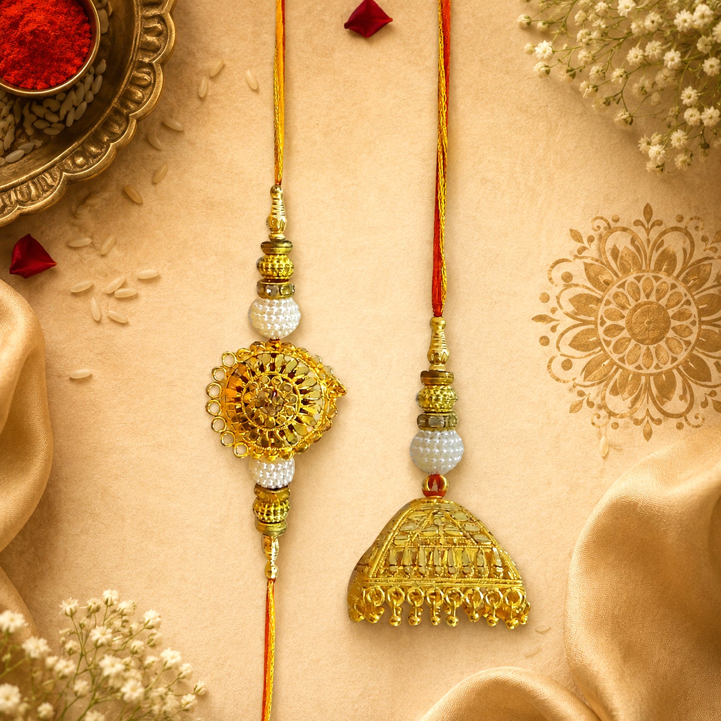 Royal Golden Designer Bhaiya Bhabhi Lumba Rakhi Set with Traditional Jhumki Charm & Elegant Festive Beads