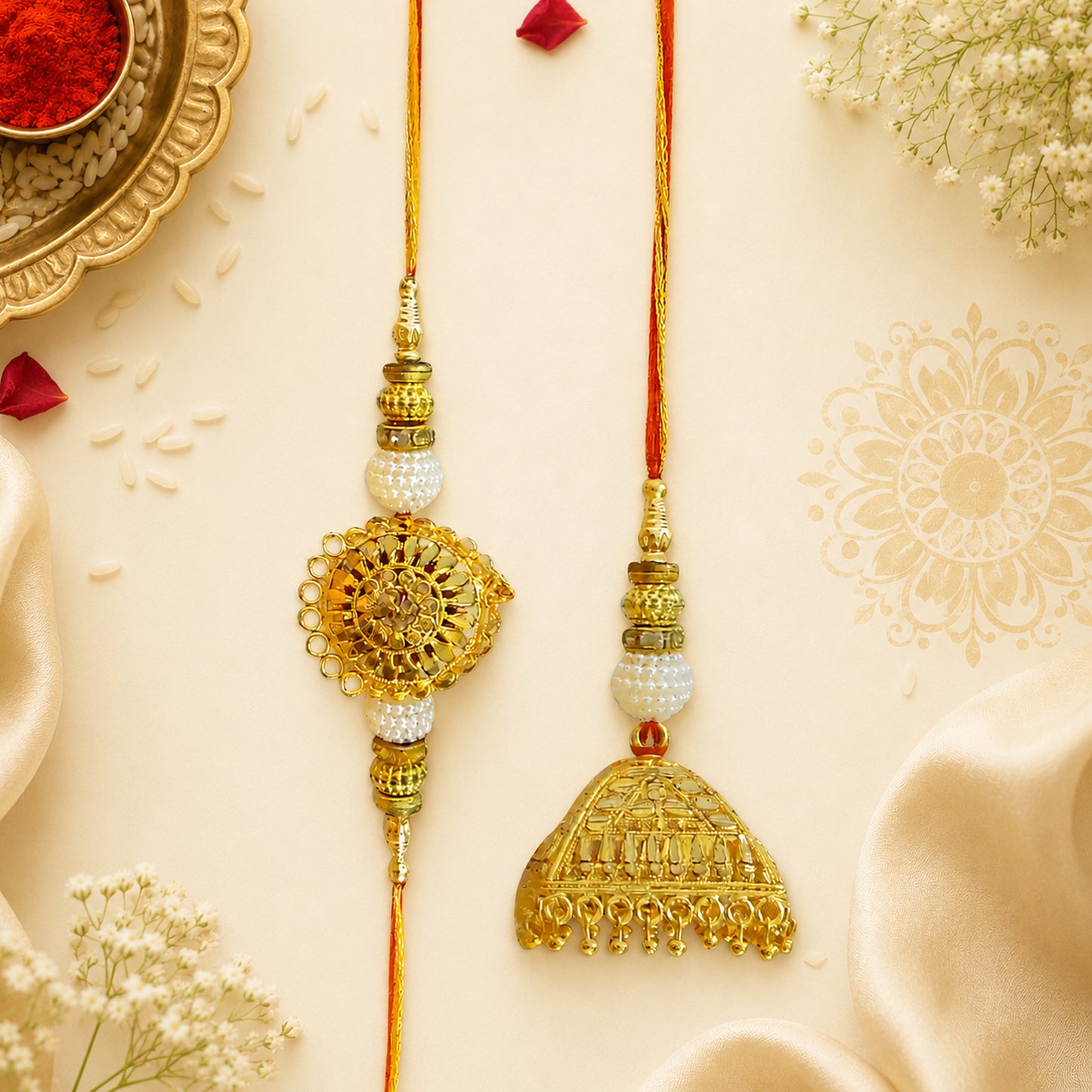 Royal Golden Designer Bhaiya Bhabhi Lumba Rakhi Set with Traditional Jhumki Charm & Elegant Festive Beads