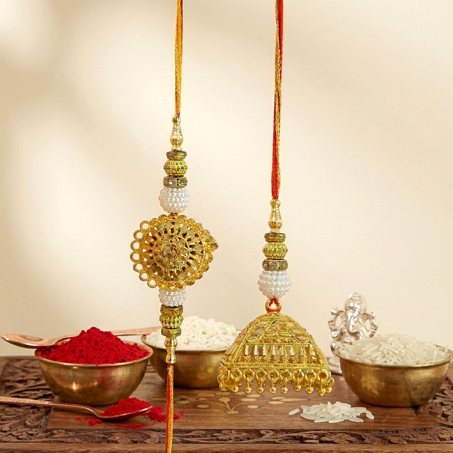 Royal Golden Designer Bhaiya Bhabhi Lumba Rakhi Set with Traditional Jhumki Charm & Elegant Festive Beads