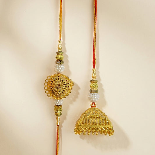Royal Golden Designer Bhaiya Bhabhi Lumba Rakhi Set with Traditional Jhumki Charm & Elegant Festive Beads